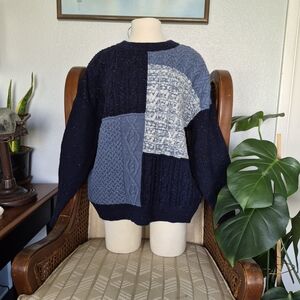 Lands' End Men's Blue Patchwork Crewneck Sweater